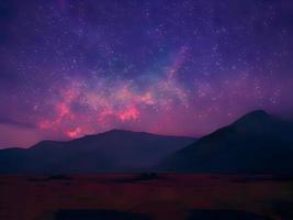 Milky Way and pink light at mountains. Night colorful landscape. Starry sky with hills. Beautiful Universe. Space background with galaxy. Travel background photo