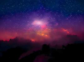 Milky Way and pink light at mountains. Night colorful landscape. Starry sky with hills. Beautiful Universe. Space background with galaxy. Travel background photo