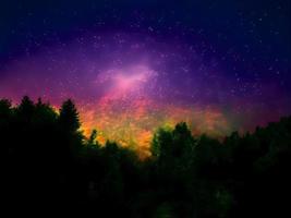 Milky Way and pink light at mountains. Night colorful landscape. Starry sky with hills. Beautiful Universe. Space background with galaxy. Travel background photo