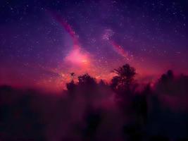 Milky Way and pink light at mountains. Night colorful landscape. Starry sky with hills. Beautiful Universe. Space background with galaxy. Travel background photo