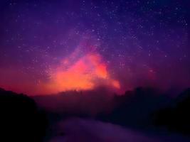 Milky Way and pink light at mountains. Night colorful landscape. Starry sky with hills. Beautiful Universe. Space background with galaxy. Travel background photo