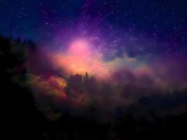 Milky Way and pink light at mountains. Night colorful landscape. Starry sky with hills. Beautiful Universe. Space background with galaxy. Travel background photo