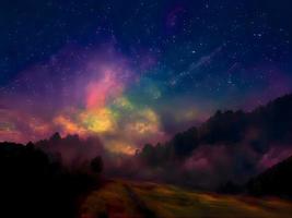 Milky Way and pink light at mountains. Night colorful landscape. Starry sky with hills. Beautiful Universe. Space background with galaxy. Travel background photo