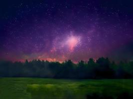 Milky Way and pink light at mountains. Night colorful landscape. Starry sky with hills. Beautiful Universe. Space background with galaxy. Travel background photo