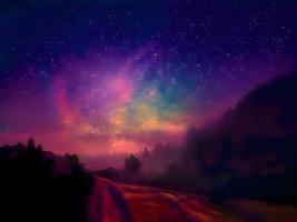 Milky Way and pink light at mountains. Night colorful landscape. Starry sky with hills. Beautiful Universe. Space background with galaxy. Travel background photo