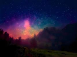 Milky Way and pink light at mountains. Night colorful landscape. Starry sky with hills. Beautiful Universe. Space background with galaxy. Travel background photo
