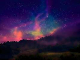 Milky Way and pink light at mountains. Night colorful landscape. Starry sky with hills. Beautiful Universe. Space background with galaxy. Travel background photo