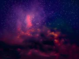 Milky Way and pink light at mountains. Night colorful landscape. Starry sky with hills. Beautiful Universe. Space background with galaxy. Travel background photo