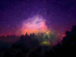 Milky Way and pink light at mountains. Night colorful landscape. Starry sky with hills. Beautiful Universe. Space background with galaxy. Travel background photo