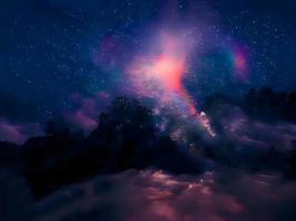 Milky Way and pink light at mountains. Night colorful landscape. Starry sky with hills. Beautiful Universe. Space background with galaxy. Travel background photo