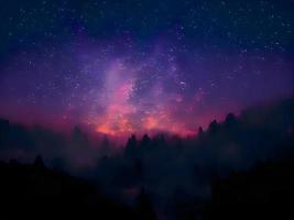 Milky Way and pink light at mountains. Night colorful landscape. Starry sky with hills. Beautiful Universe. Space background with galaxy. Travel background photo