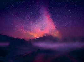 Milky Way and pink light at mountains. Night colorful landscape. Starry sky with hills. Beautiful Universe. Space background with galaxy. Travel background photo