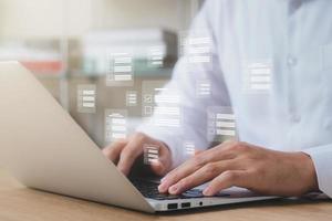 Business people working with computers symbol of top service ISO Certification Document Management System Quality assurance. photo