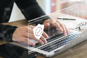 cybersecurity concept Global network security technology, business people protect personal information. Encryption with a padlock icon on the virtual interface. photo