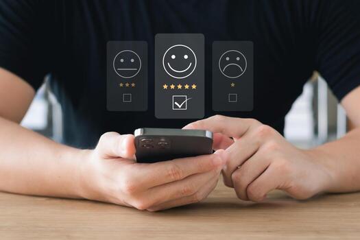 User give rating to service experience on online application, Customer review satisfaction feedback survey concept, Customer can evaluate quality of service leading to reputation ranking of business. photo