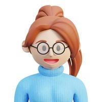 Representación 3d lindo avatar de personaje femenino con cuello de tortuga verde azulado y anteojos