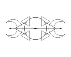 Luna triple mágica. símbolo de la deidad vikinga, geometría sagrada celta, tatuaje de logotipo negro wiccan, triángulos esotéricos de alquimia. Ilustración de vector de objeto de ocultismo espiritual aislado sobre fondo blanco