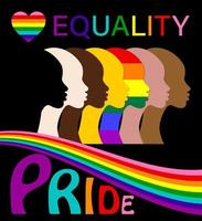 igualdad, mes del orgullo, siluetas de personas y conjunto lgbtq, logotipo de vector de retrato de personas para sitio web, concepto de orgullo gay de banner, vector de signo de arco iris colorido aislado en fondo negro