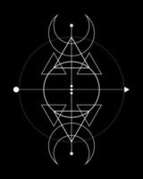 Luna triple mágica. símbolo de la deidad vikinga, geometría sagrada celta, tatuaje de logotipo blanco wiccan, triángulos esotéricos de alquimia. Ilustración de vector de objeto de ocultismo espiritual aislado sobre fondo negro