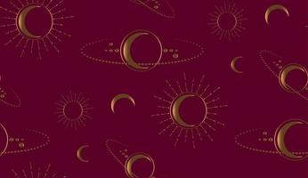 gold Seamless Space Mystical Sacred geometry. Moon, sun, stars, orbits. Crescent Moon magic pagan Wicca goddess symbol. Alchemy, esoteric, occultism. Vector isolated on dark red background