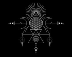 triple diosa y flor de la vida, geometría sagrada, triángulos tribales, fases lunares al estilo chamán boho. tatuaje, astrología, alquimia y símbolos mágicos. vector aislado sobre fondo negro