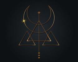 Magic Crescent Moon. Symbol of the Viking deity, Celtic Sacred Geometry, gold logo, alchemy esoteric triangles. Spiritual occultism object vector illustration isolated on black background