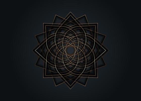 Gold lotus flower mandala, Seed of life symbol Sacred Geometry. Logo icon  Geometric mystic mandala of alchemy esoteric Flower. Vector golden line art divine meditative amulet isolated on black
