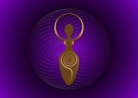 Wiccan Woman Logo, spiral goddess of fertility, Pagan Symbols, cycle of life, death and rebirth. Wicca mother earth symbol of sexual procreation, vector gold sign icon isolated on purple background
