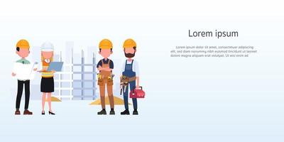 Engineers cartoon set with civil engineering construction workers architect and surveyor isolated vector illustration