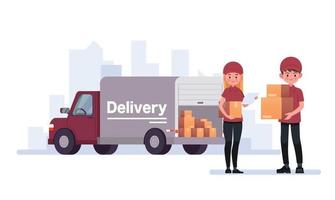Mensajero de entrega que lleva paquetes con ilustración de vector de camión de entrega