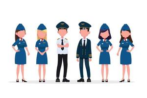 grupo de pilotos y asistentes de vuelo, azafata. personajes de personas de diseño plano. vector