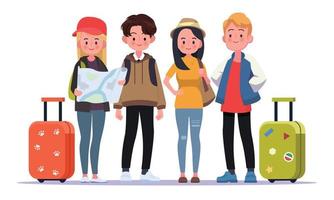 feliz grupo de viajero adolescente. personaje de dibujos animados de ilustración vectorial.