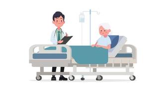 Doctor's visit to the ward of the patient. A sick person is in a medical bed on a drip. Vector illustration in a flat style