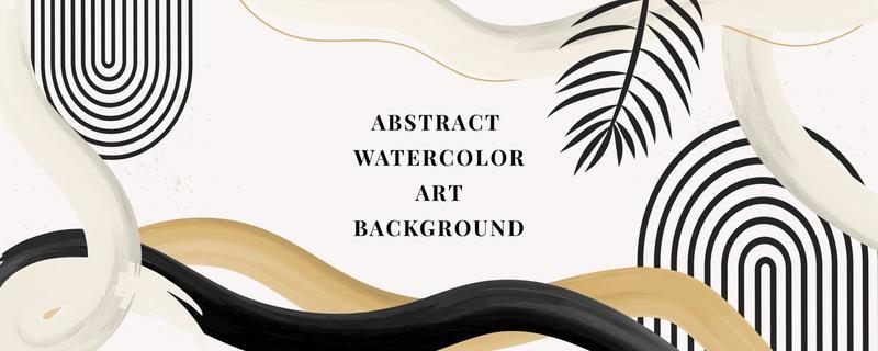 Vector background of watercolor art. Wallpaper design with a brush. black, yellow, white brushes, circles, palm leaves, abstract shapes. watercolor illustration for prints, wall drawings, covers