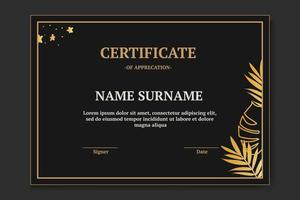 Modern and luxury certificate template with black and gold color. with leaf monstera and leaf palm vector