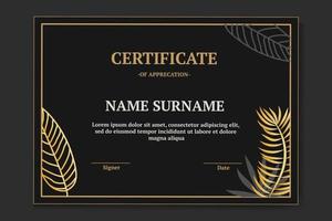 Modern and luxury certificate template with black and gold color. with leaf monstera and leaf palm vector