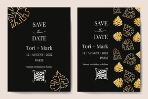 Vector vertical wedding invitation cards set with black and gold tropical leaves on dark background. Luxury exotic botanical design for wedding ceremony.