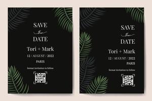 Vector vertical wedding invitation cards set with black and green tropical leaves on dark background. Luxury exotic botanical design for wedding ceremony.