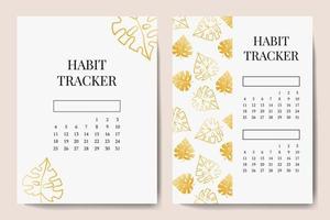 Vector template for tracking printing habits. A4 notebook page. with golden leaves of monstera. Vector illustration design