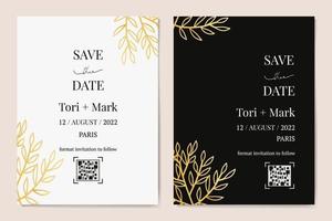 Vector vertical wedding invitation cards set with black and gold leaves on dark and white background. Luxury exotic botanical design for wedding ceremony.