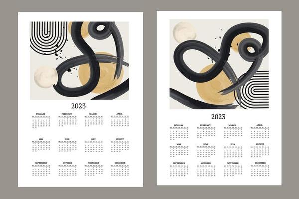 classic monthly calendar for 2023. Calendar with abstract shapes, black and white brushes, yellow and circles.
