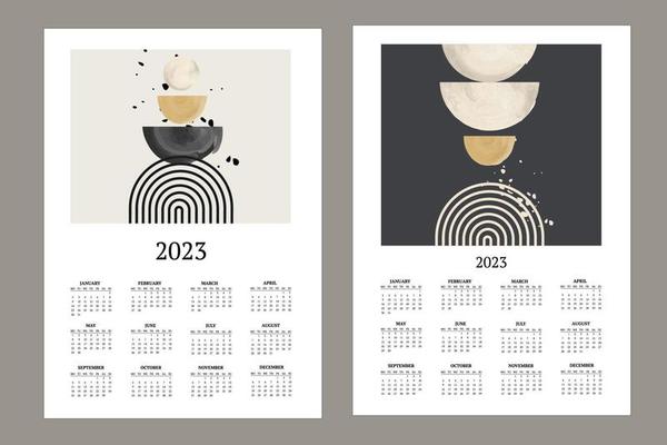 classic monthly calendar for 2023. Calendar with abstract shapes, black and white brushes, yellow and circles.