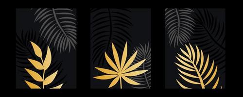 Vector background of watercolor art. Wallpaper design with a brush. black, gold, brushes, circles, palm leaves, monstera leaf, abstract shapes