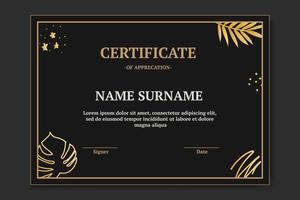 Modern and luxury certificate template with black and gold color. with leaf monstera and leaf palm vector