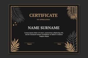 Modern and luxury certificate template with black and gold color. with leaf monstera and leaf palm vector