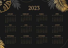 classic monthly calendar for 2023. Calendar with palm and monstera leaves, black and gold color vector