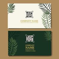 white and green business card with green palm leaves, with a place for a qr code, for your company or brand, vector illustration