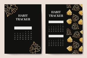 Vector template for tracking printing habits. A4 notebook page. with black leaves of monstera. Vector illustration design