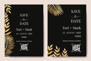 Vector vertical wedding invitation cards set with black and gold tropical leaves on dark background. Luxury exotic botanical design for wedding ceremony.