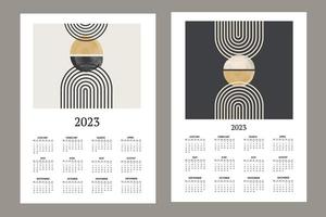 calendario mensual clásico para 2023. calendario con formas abstractas, pinceles en blanco y negro, amarillo y círculos. vector